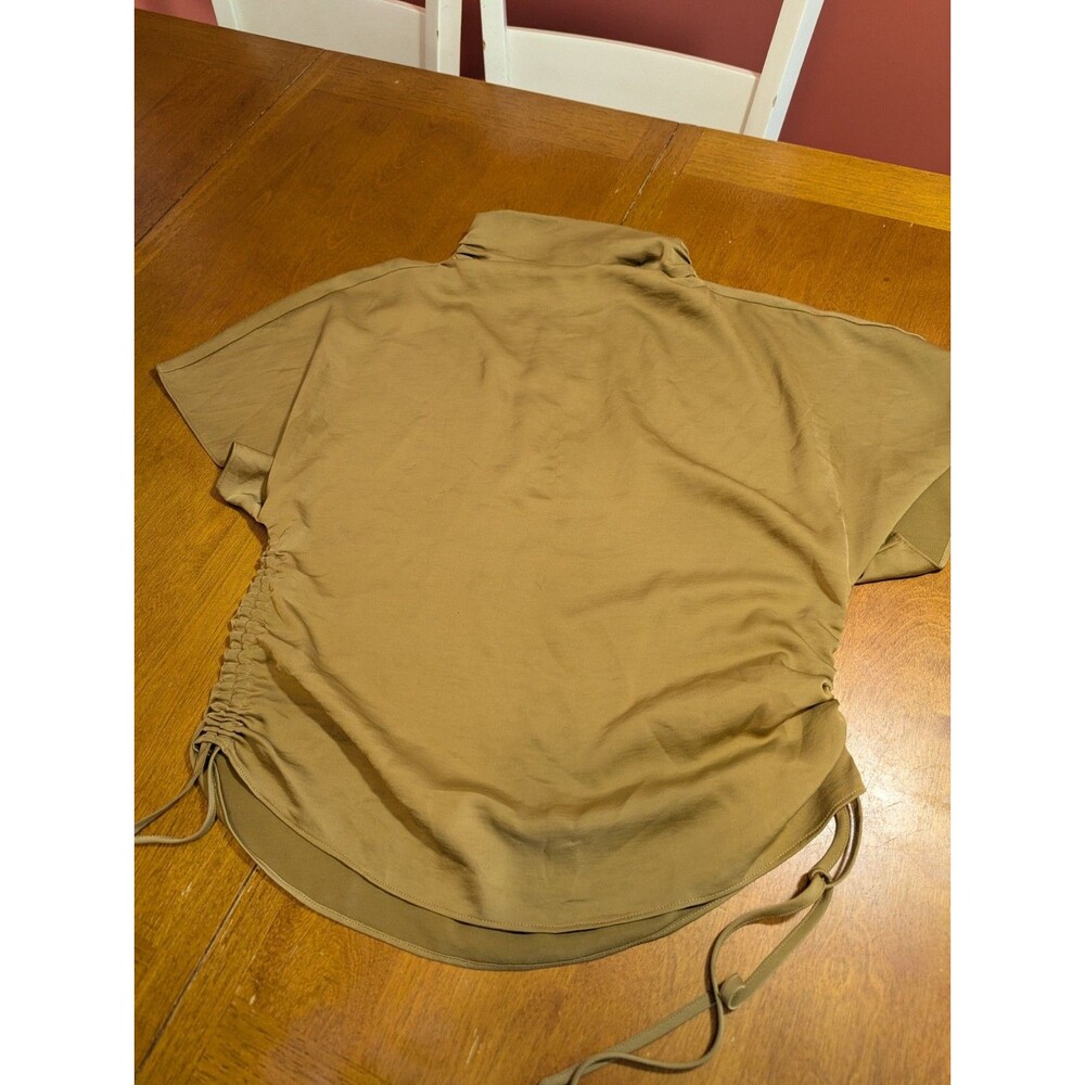 AllSaints Drape Side Ruched Blouse Ochre Mock Neck US 4 Gold Satin